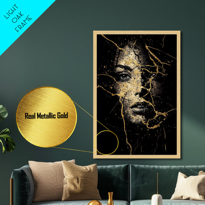Cracked Face Metallic Gold Art Gothic Halloween Portrait, Haunted Metal Art Creepy Wall Decor, Spooky Season Style With Wood Frame