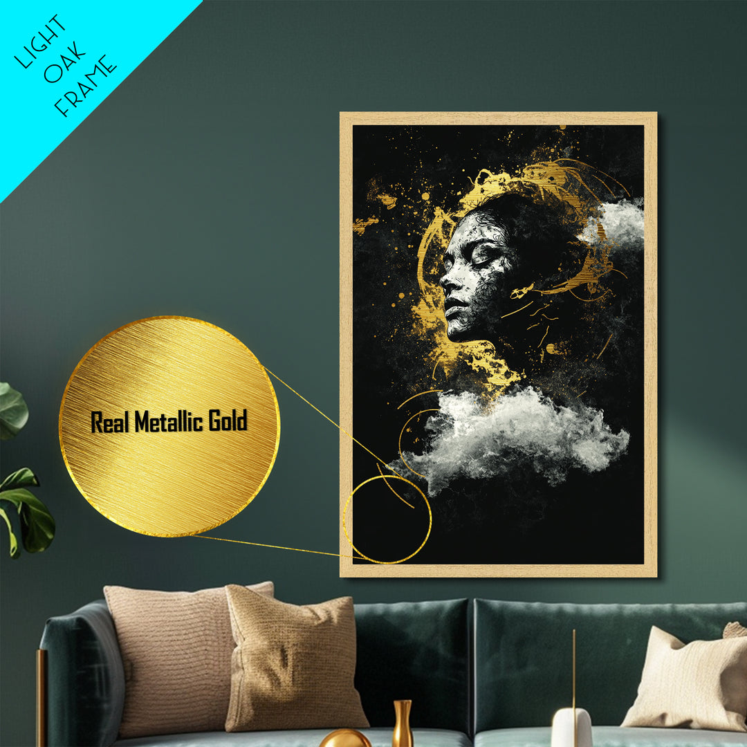 Ghostly Spirit Metallic Gold Art Halloween Wall Decor, Spooky Metal Art Haunted Portrait Of Dreams, Framed In Real Wood Elegance