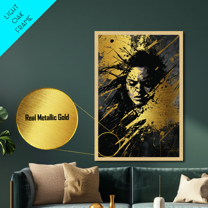 Sinister Face Metallic Gold Art Haunted Halloween Portrait, Gothic Metal Art Spooky Season Wall Design, With Real Wood Framing