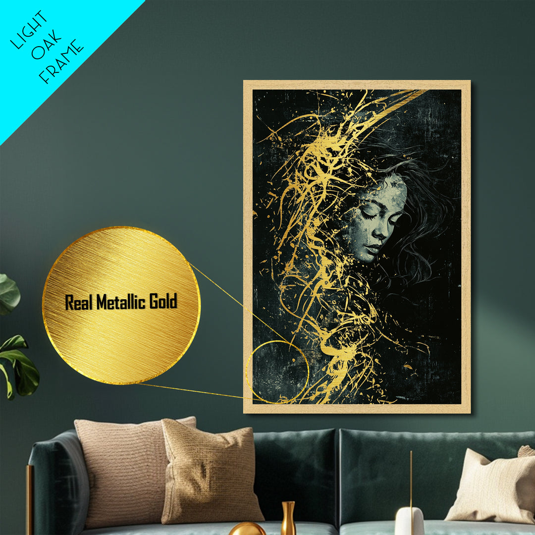 Whimsical Witch Metallic Gold Art Spooky Portrait, Halloween Metal Art Haunted Illustration, Framed In Real Wood For Gothic Decor