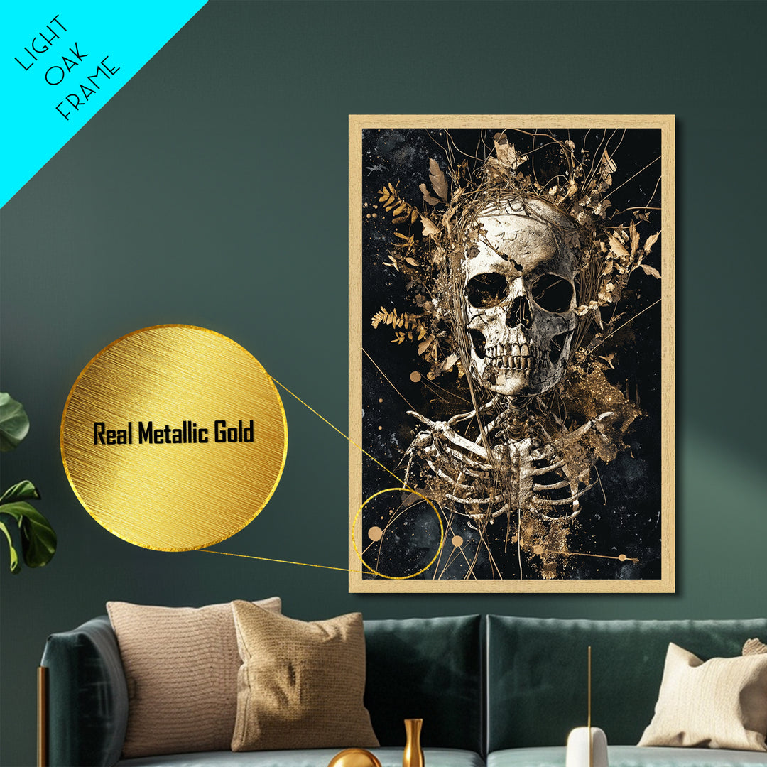 Skeleton Skull with Flowers Metallic Gold Art Metal Art Gothic Halloween Wall Decor Spooky Skeleton Illustration in Real Wood Frame