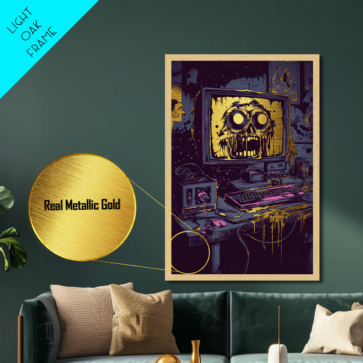 Haunted Computer Metallic Gold Art Creepy Tech Horror, Spooky Season Metal Art For Halloween, Gothic Wall Piece In Real Wood Frame