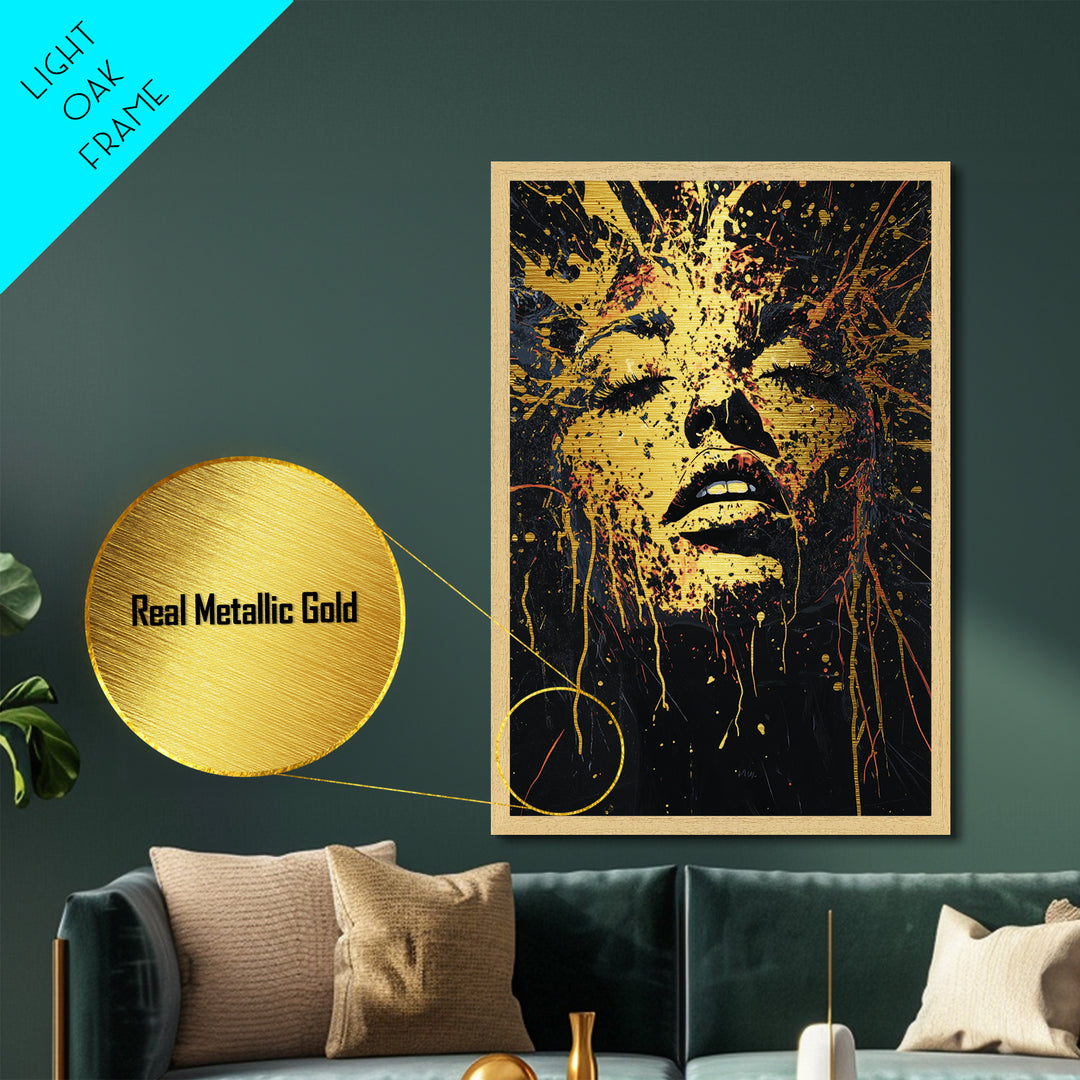 Witchy Woman Metallic Gold Art Metal Art | Gothic Halloween Portrait with Natural Wood Framed Design Spooky Witch Wall Hanging