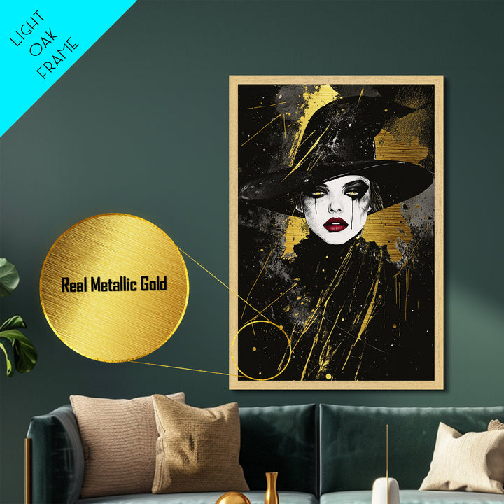 Spooky Witch Hat Metallic Gold Art Metal Art | Gothic Halloween Wall Print Crafted with Natural Wood Frame for Haunted Home Decor