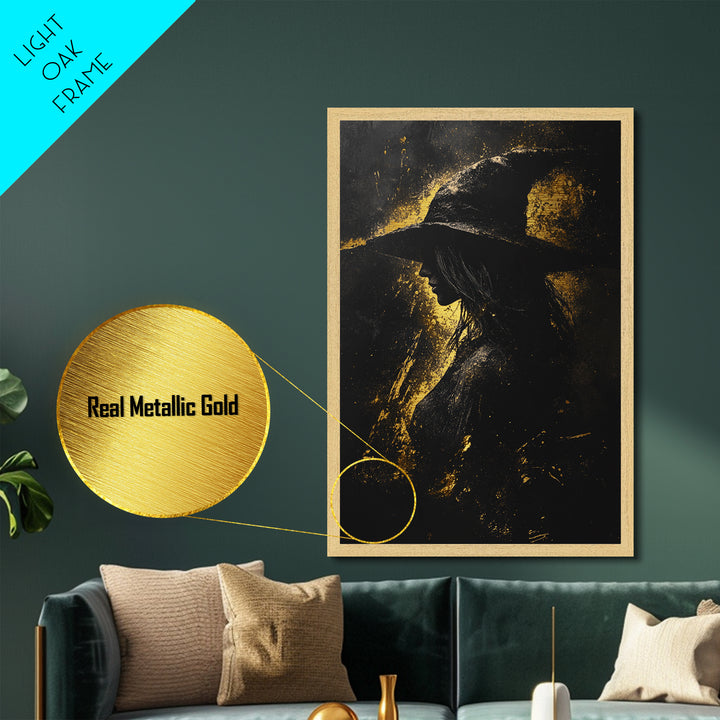Enchanted Library Metallic Gold Art Metal Art | Haunted Book Lover’s Spooky Halloween Wall Hanging in Real Wood Frame Gothic Style