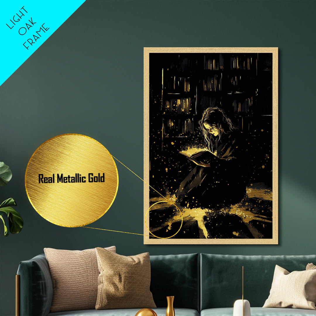 Dark Gothic Character Metallic Gold Art Metal Art | Haunted Spooky Season Wall Decor with Natural Wood Frame for Creepy Halloween