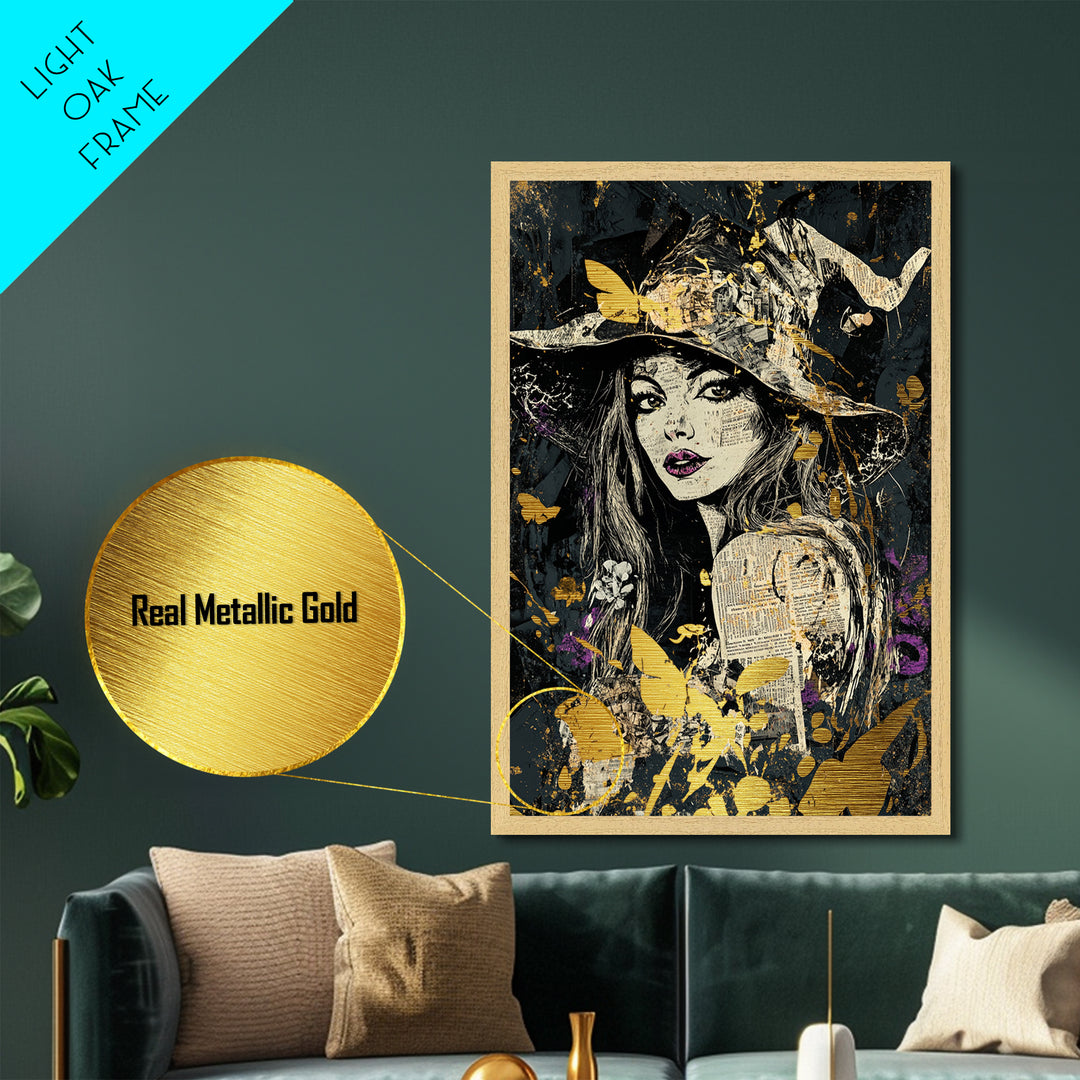 Witch Hat Woman Portrait Metallic Gold Art Metal Art Halloween Wall Decor Spooky Gothic Witchy Illustration in Real Wood Frame