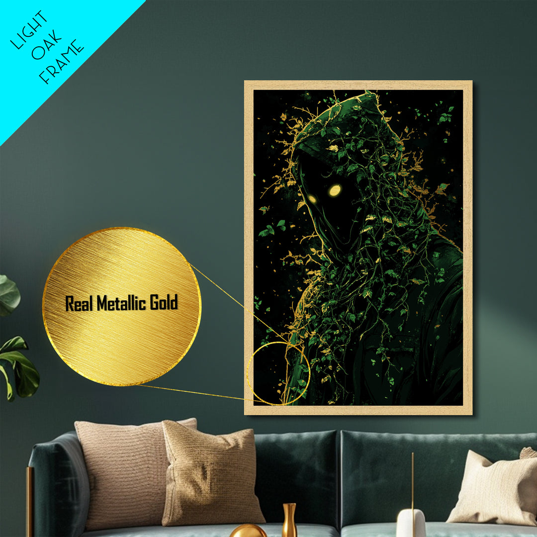 Haunted Hooded Figure Metallic Gold Art, Creepy Vine Cloaked Spirit Metal Art, Gothic Halloween Wall Decor Framed in Real Wood