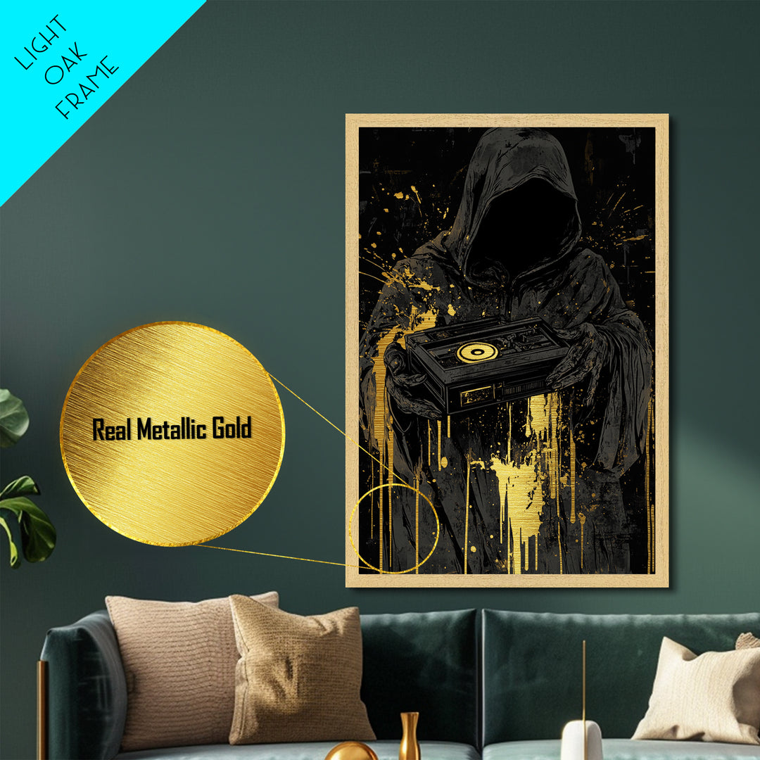 Dark Reaper with Turntable Metallic Gold Art, Spooky DJ Death Metal Art, Horror Halloween Wall Hanging in Solid Wood Frame