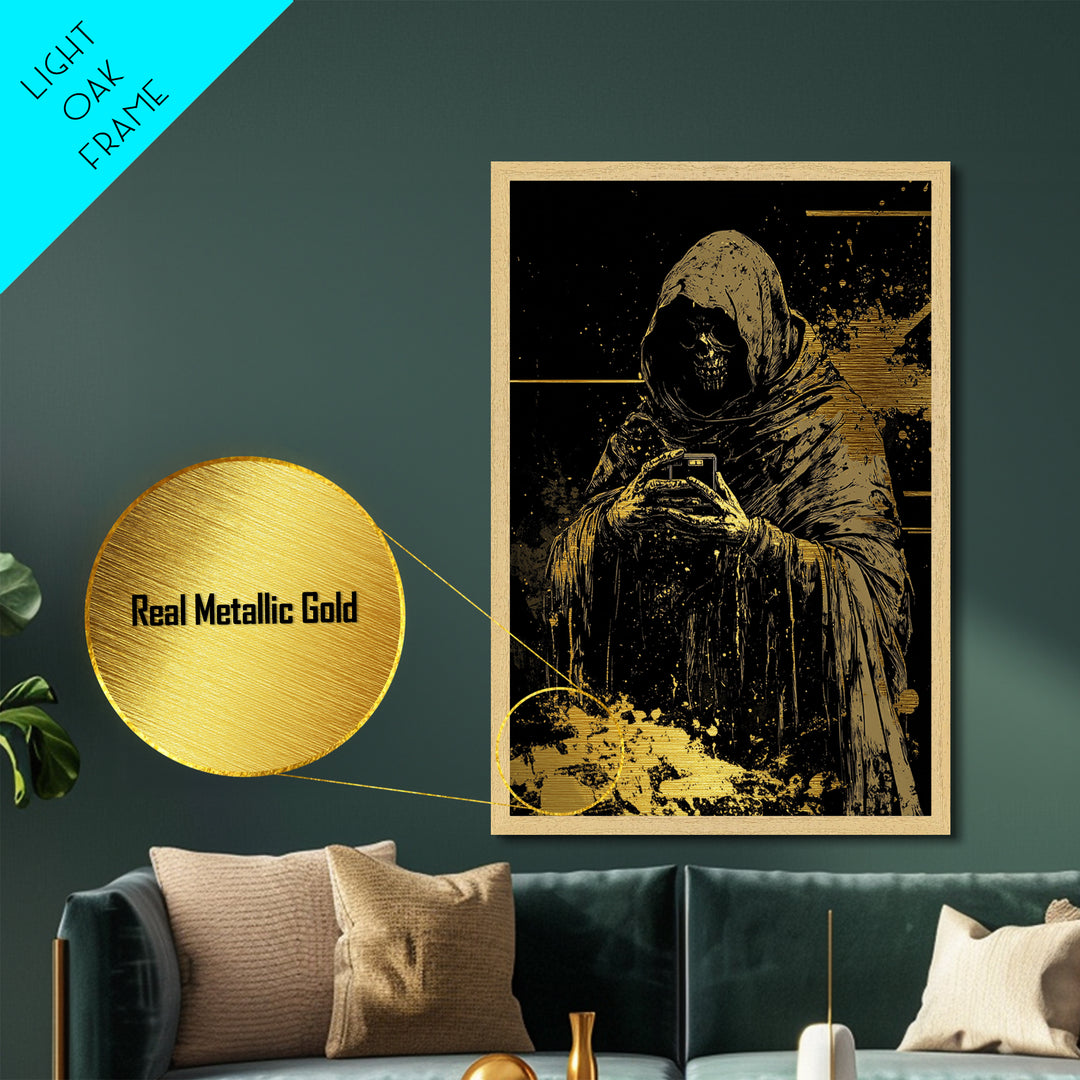 Gothic Skeleton Reaper Metallic Gold Art, Creepy Hooded Death Metal Art, Haunted Halloween Horror Decor with Real Wood Framing