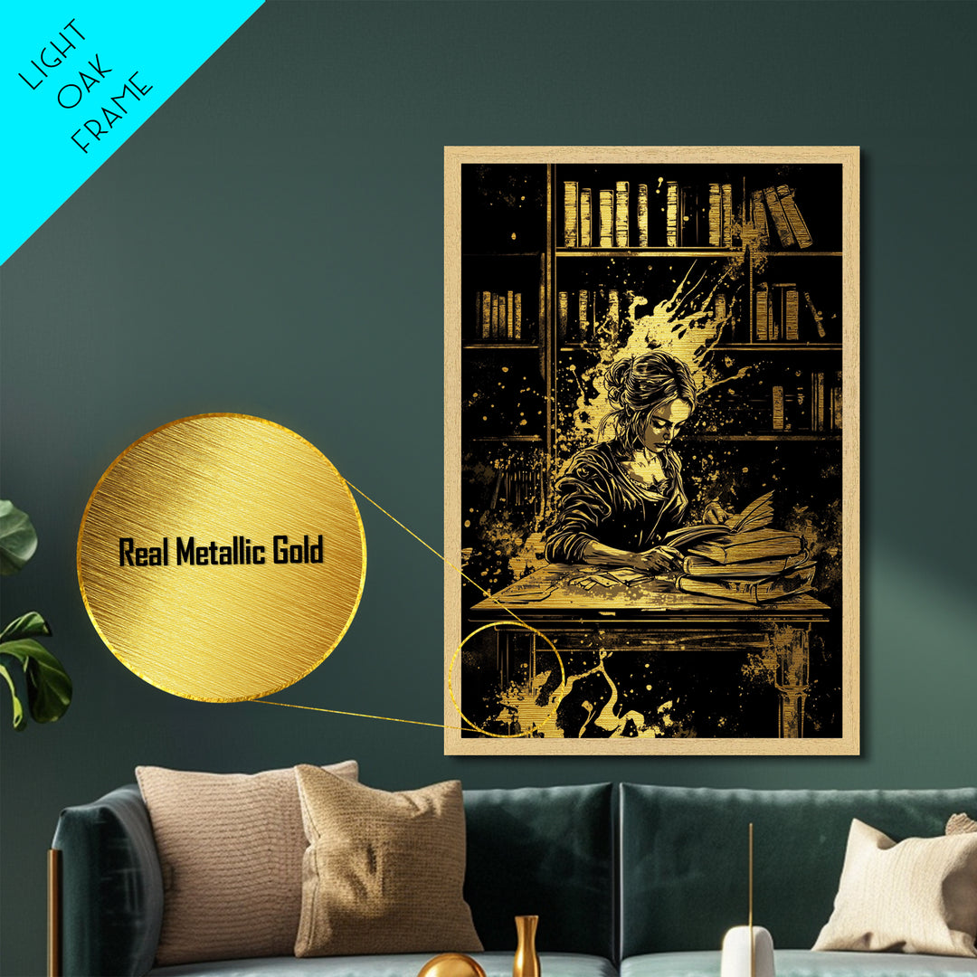 Witchy Woman in Library Metallic Gold Art, Gothic Scholar Halloween Metal Art, Spooky Season Wall Print with Natural Wood Frame