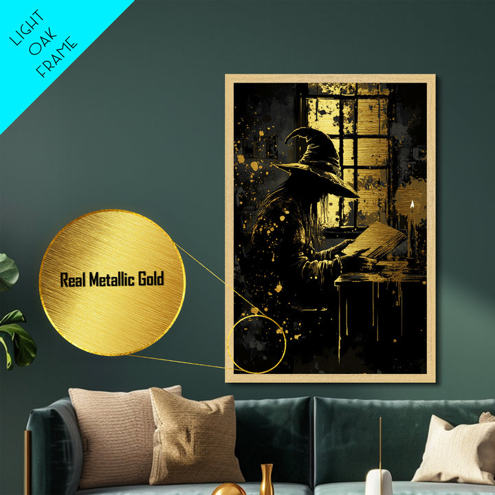 Creepy Witch Reading Candlelight Metallic Gold Art, Haunted Gothic Wizard Metal Art, Halloween Decor Framed in Authentic Wood