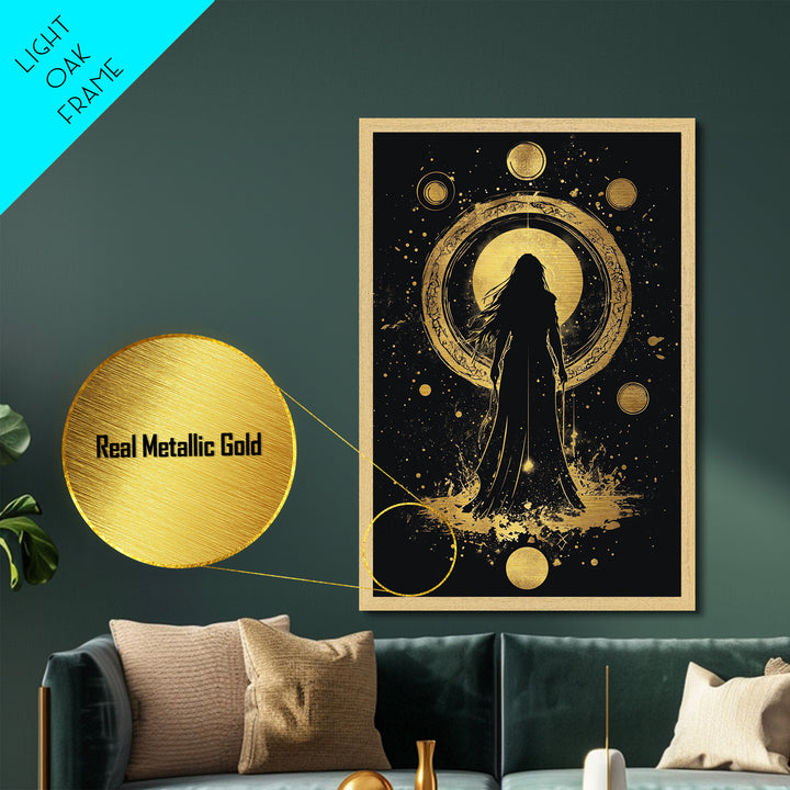 Cosmic Goddess Metallic Gold Art, Spooky Celestial Halloween Metal Art, Gothic Witchy Season Decor Framed in Natural Wood