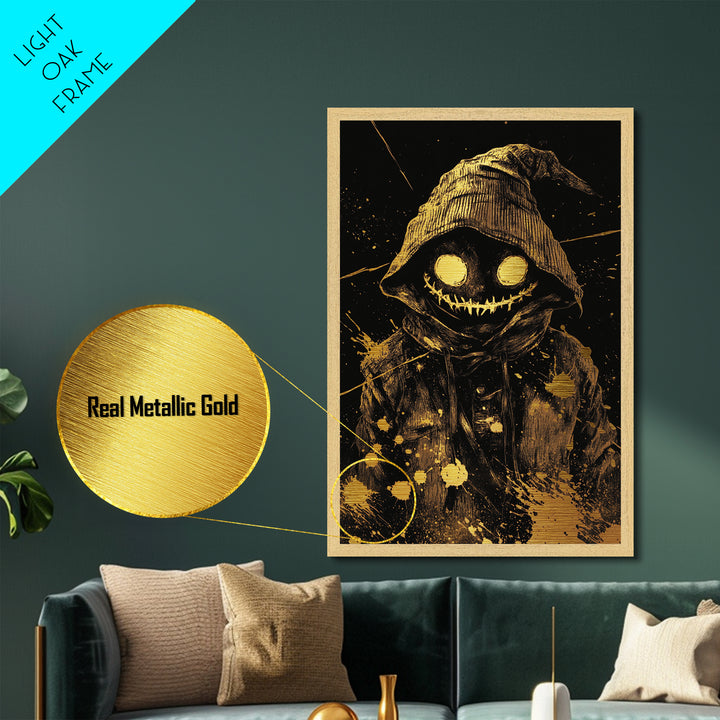 Creepy Smiling Hooded Monster Metallic Gold Art, Horror Grinning Demon Metal Art, Gothic Halloween Wall Hanging with Wood Frame
