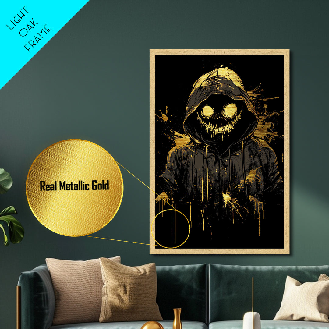 Grinning Pumpkin Spirit Metallic Gold Art, Spooky Halloween Hooded Monster Metal Art, Gothic Horror Print in Real Wooden Frame