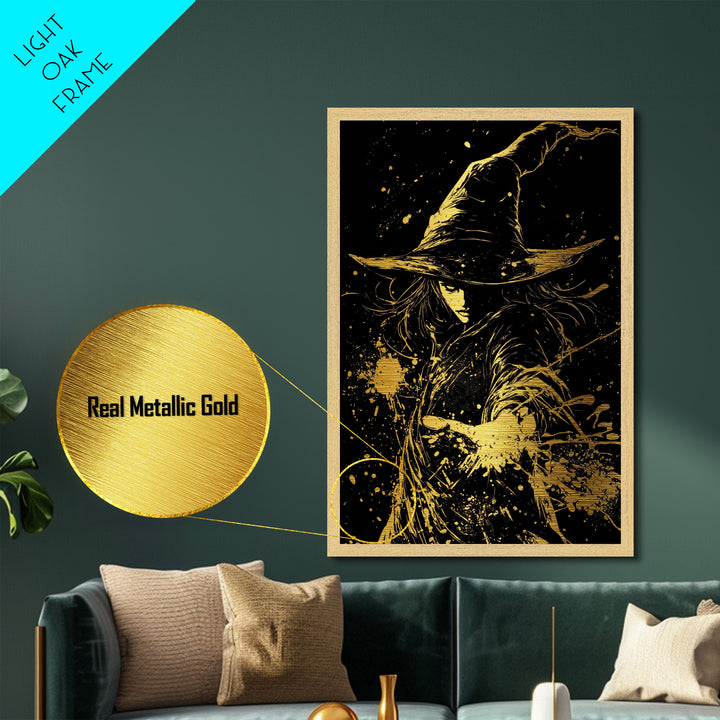Witch Casting Spell Metallic Gold Art Metal Art Halloween Wall Decor Spooky Sorceress Gothic Magic Artwork in Real Wood Frame