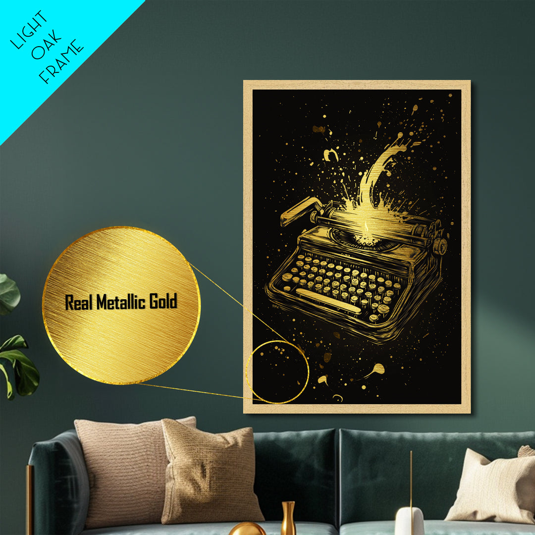 Haunted Typewriter Metallic Gold Art, Spooky Season Metal Art Print with Splatter Design, Framed in Natural Real Wood