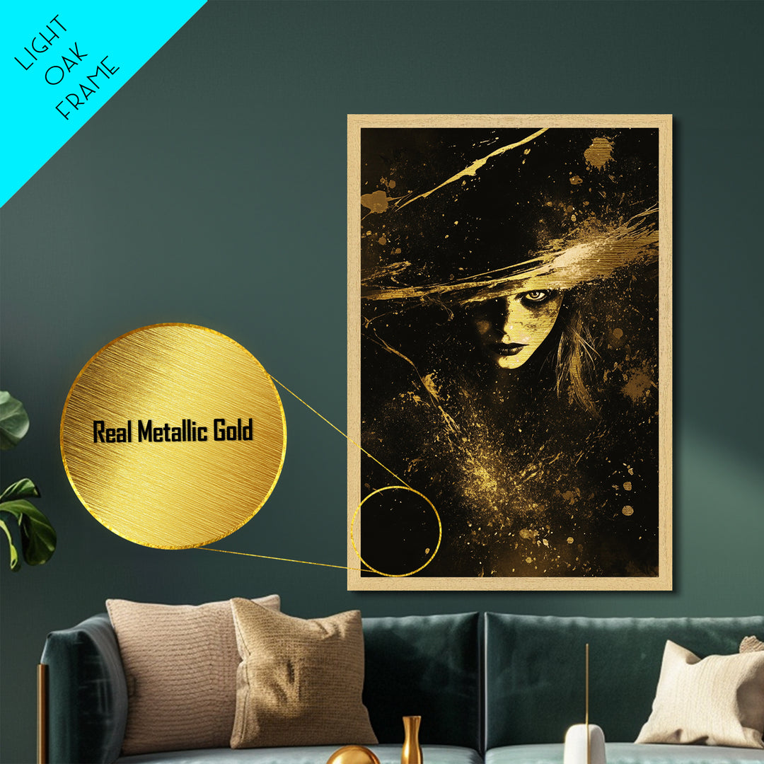 Witchy Haunted Portrait Metallic Gold Art, Gothic Horror Metal Art Print with Real Wood Framing, Spooky Season Wall Decor