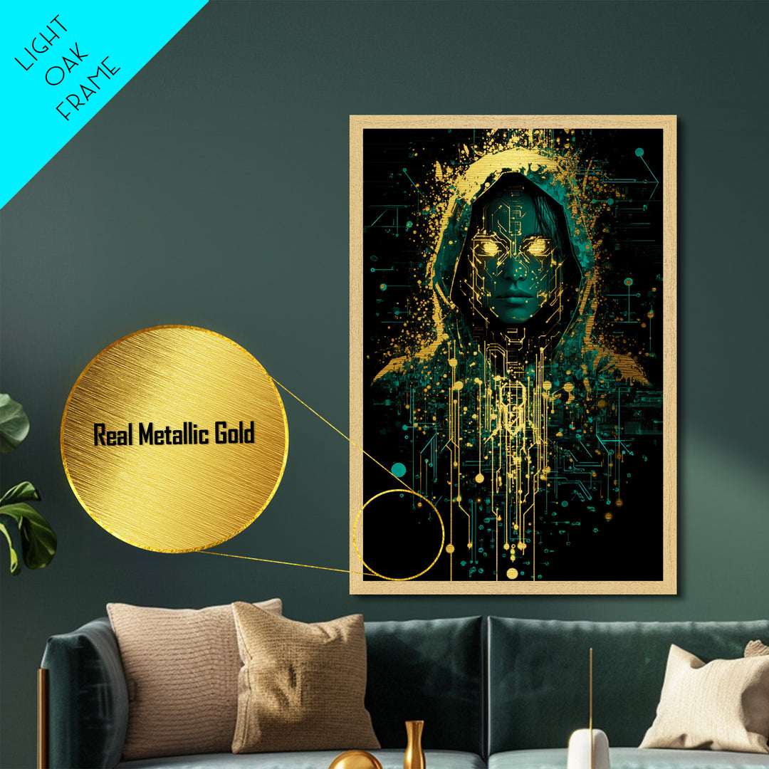 Cyberpunk Hooded Spirit Metallic Gold Art, Futuristic Horror Metal Art Print with Real Wood Frame for Spooky Season Decor