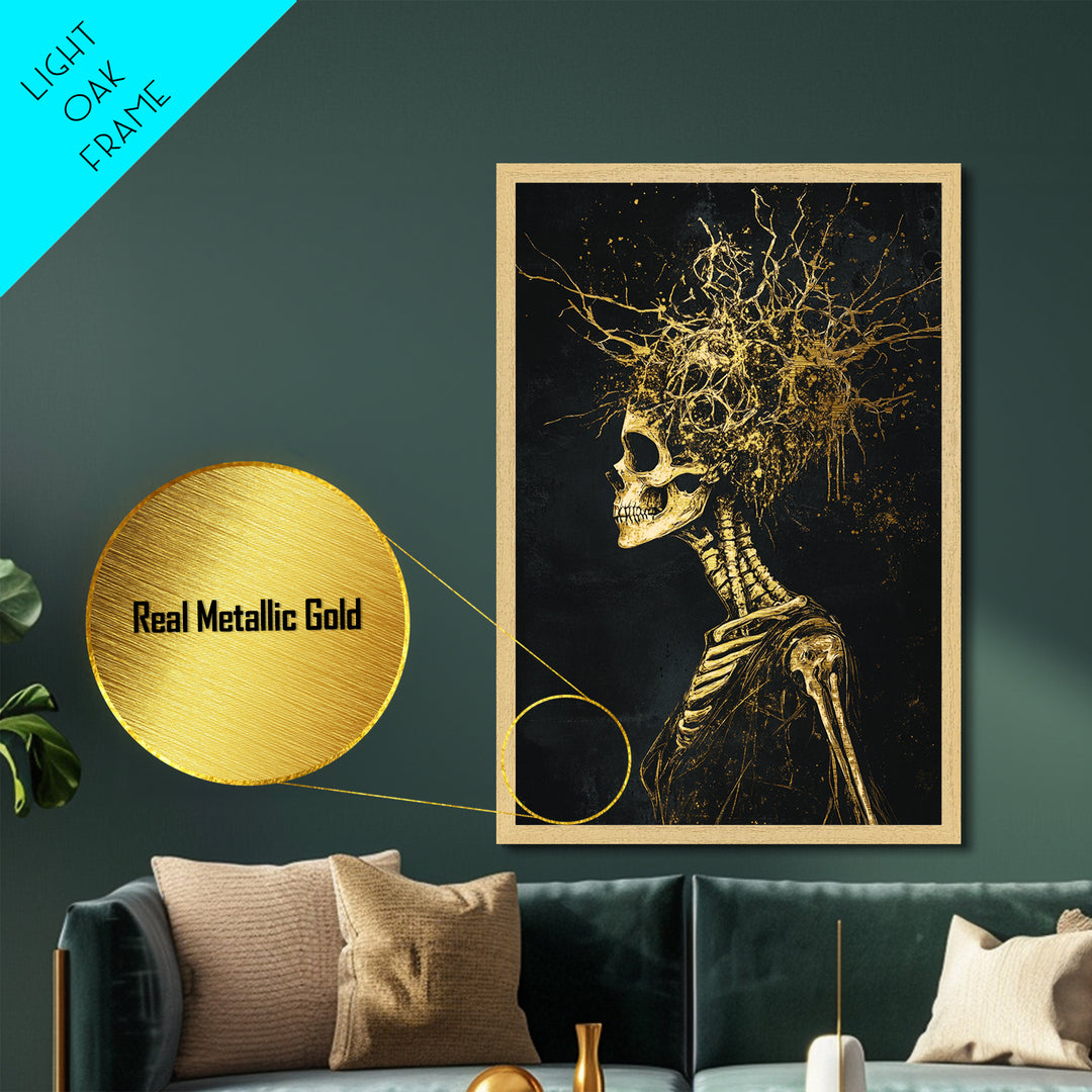 Creepy Skeleton Skull Burst Metallic Gold Art, Gothic Halloween Horror Metal Art Print with Natural Wood Framing