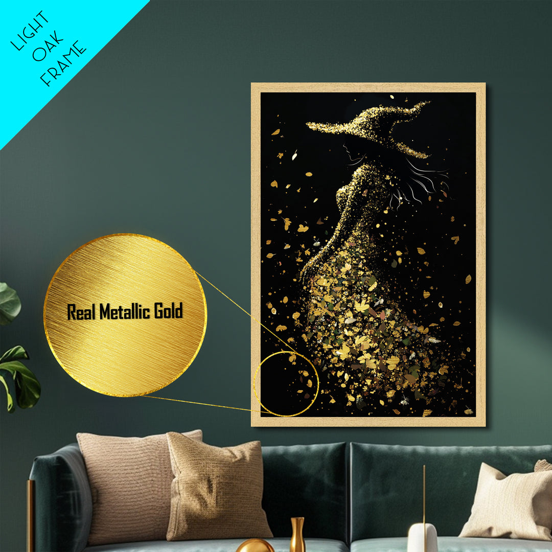 Witchy Woman of Autumn Metallic Gold Art, Enchanted Spooky Season Metal Art Print in Real Wood Frame, Gothic Halloween Decor