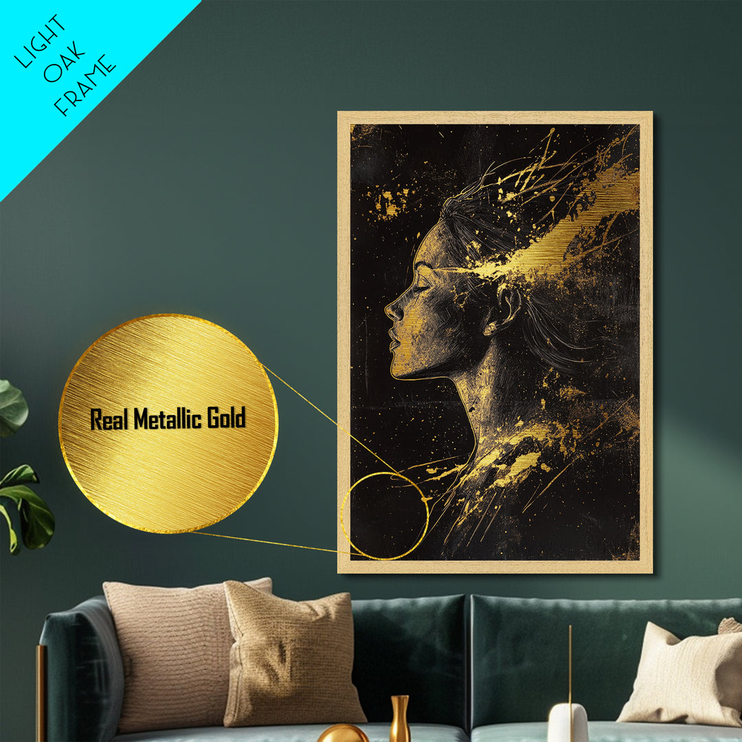 Haunted Spirit Silhouette Metal Art, Metallic Gold Art Profile Portrait with Spooky Splatter Style, Real Wood Frame Decor
