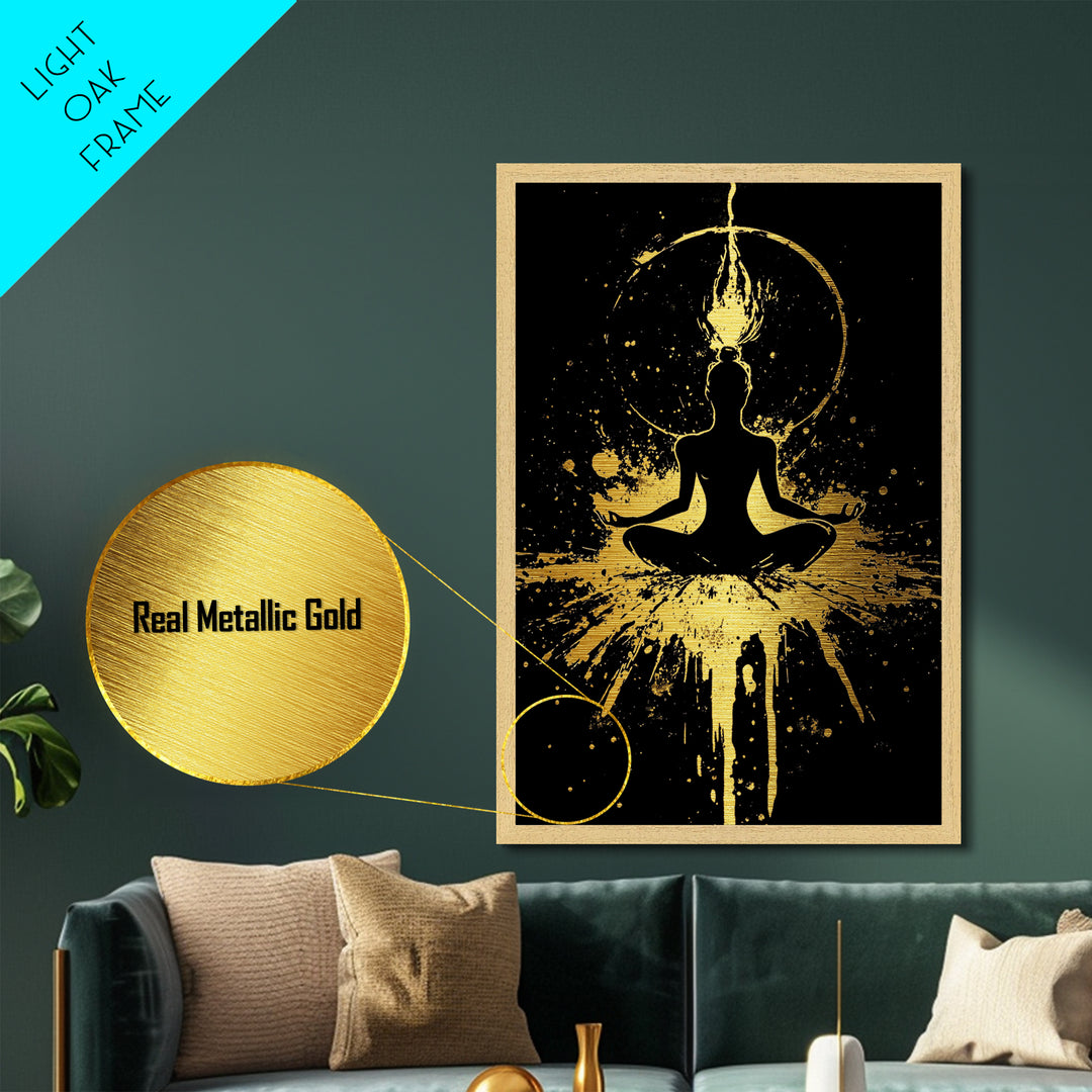 Mystic Meditation Halloween Metal Art, Metallic Gold Art with Spooky Cosmic Energy, Wall Print in Real Wood Framing