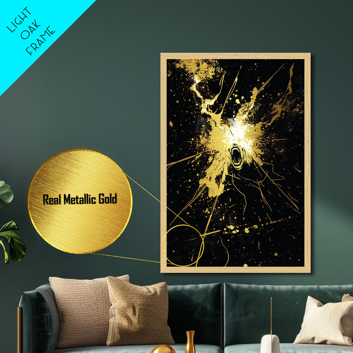 Screaming Ghost Explosion Metallic Gold Art Metal Art Halloween Wall Decor Haunted Horror Spooky Spirit in Real Wood Frame