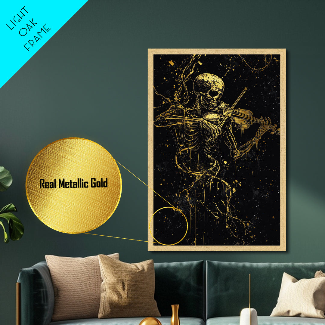 Haunted Skeleton Playing Violin Metallic Gold Art | Gothic Horror Metal Art Framed in Natural Real Wood for Spooky Halloween Decor
