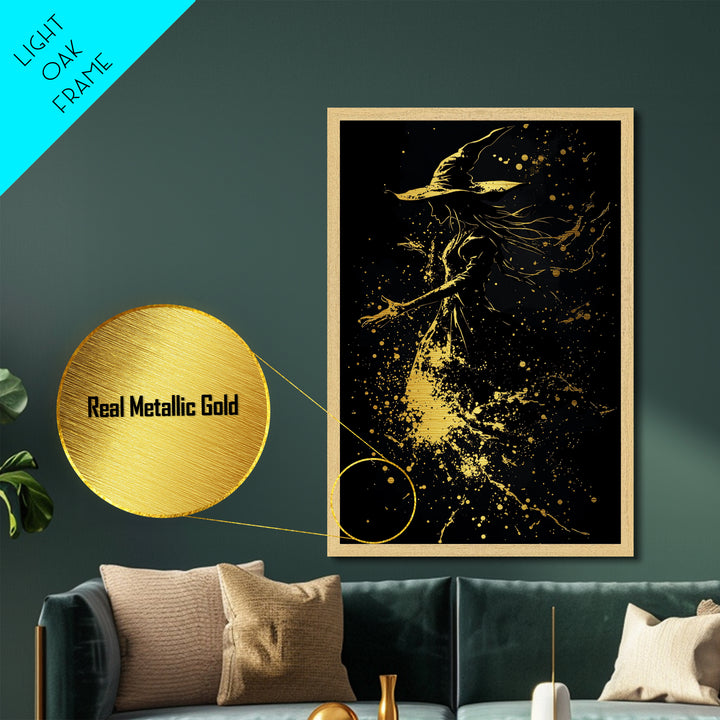Ghost Tree with Golden Lights Metallic Gold Art | Creepy Haunted Forest Metal Art in a Real Wood Frame for Gothic Halloween Style