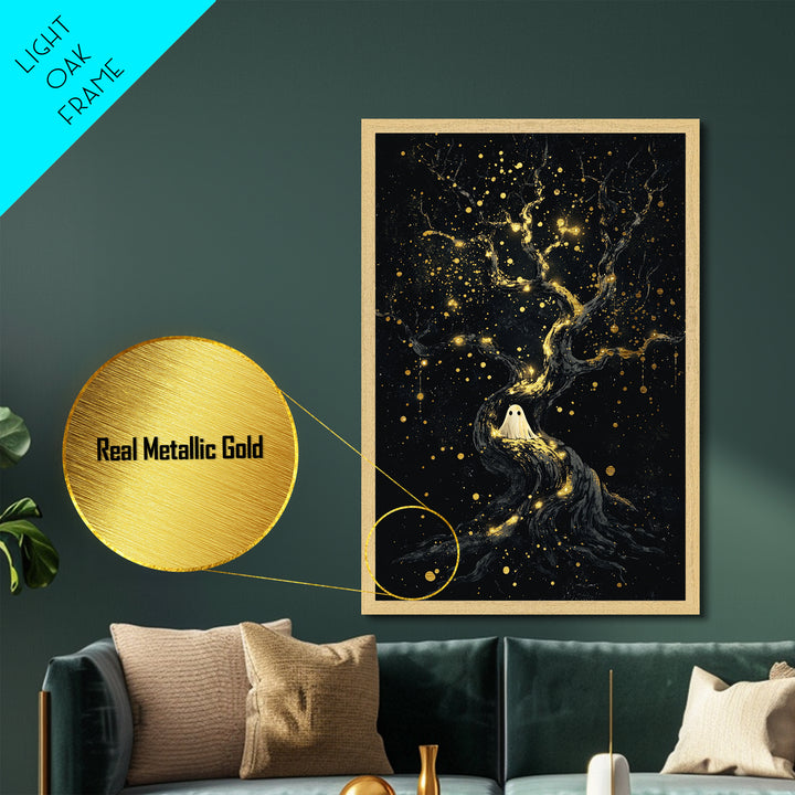 Dark Sorceress Metallic Gold Art | Mysterious Witch Portrait Metal Art with Real Wood Framing for Spooky Season Halloween Decor
