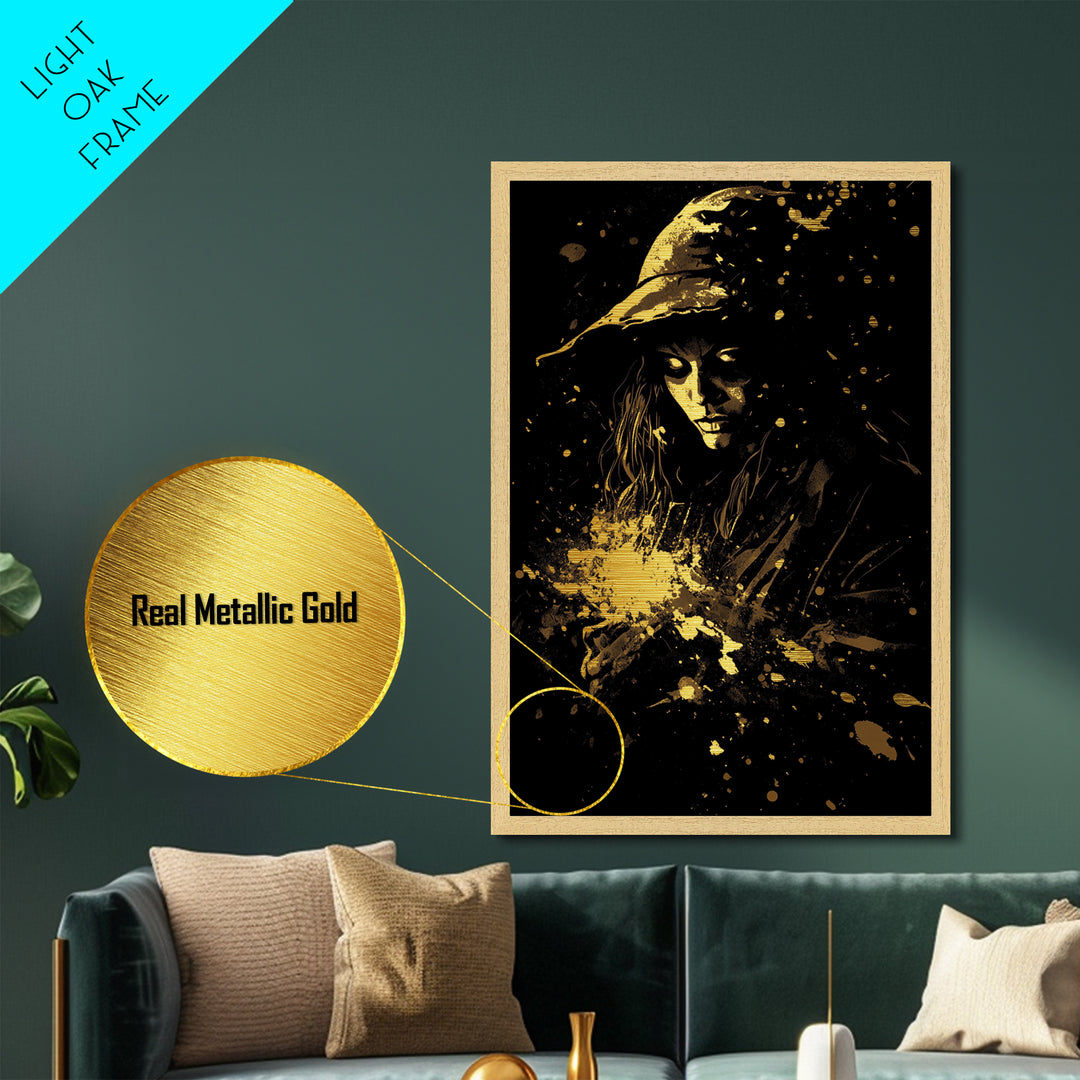 Golden Witch Under Starlight Metallic Gold Art | Haunted Night Metal Art in Real Wood Frame for Spooky Season Halloween Wall Art