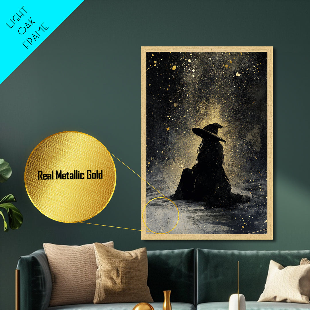 Autumn Goddess with Leaves Metallic Gold Art | Enchanted Fall Season Metal Art Framed in Real Wood for Halloween and Gothic Decor