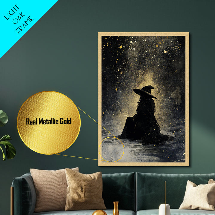 Autumn Goddess with Leaves Metallic Gold Art | Enchanted Fall Season Metal Art Framed in Real Wood for Halloween and Gothic Decor
