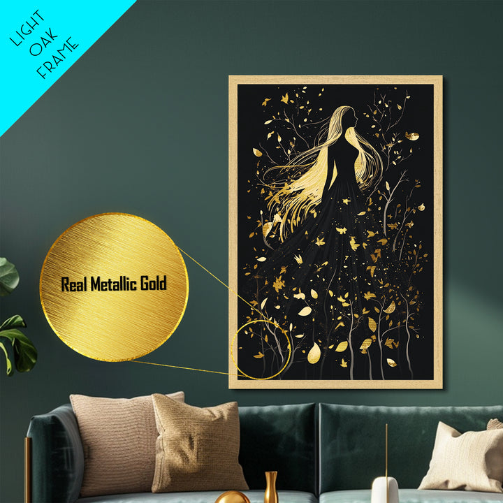 Creepy Feathered Profile Metallic Gold Art | Gothic Silhouette Metal Art with Real Wood Frame for Spooky Season Halloween Wall Decor