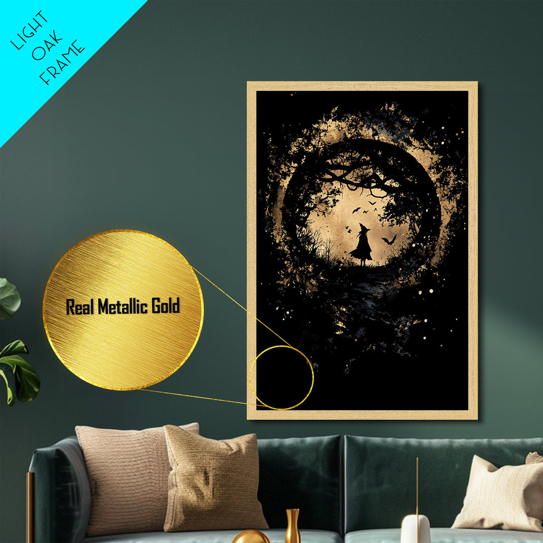 Witch Portrait in Golden Splatter Metallic Gold Art | Gothic Halloween Metal Art Framed with Real Wood for Spooky Season Wall Decor