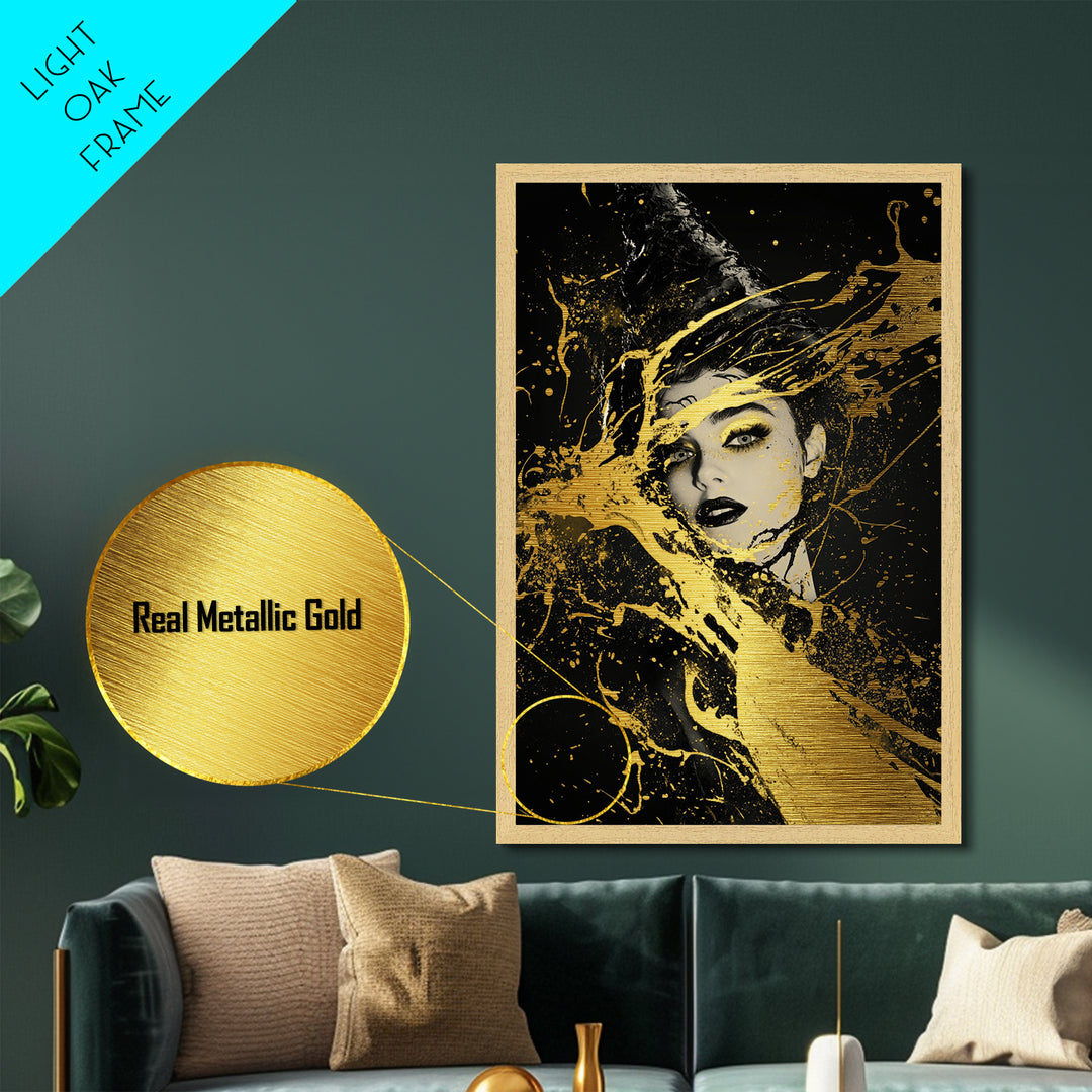 Mystical Face in Gold Splatter Metallic Gold Art | Haunted Gothic Metal Art with Real Wood Frame for Spooky Season Halloween Wall Decor