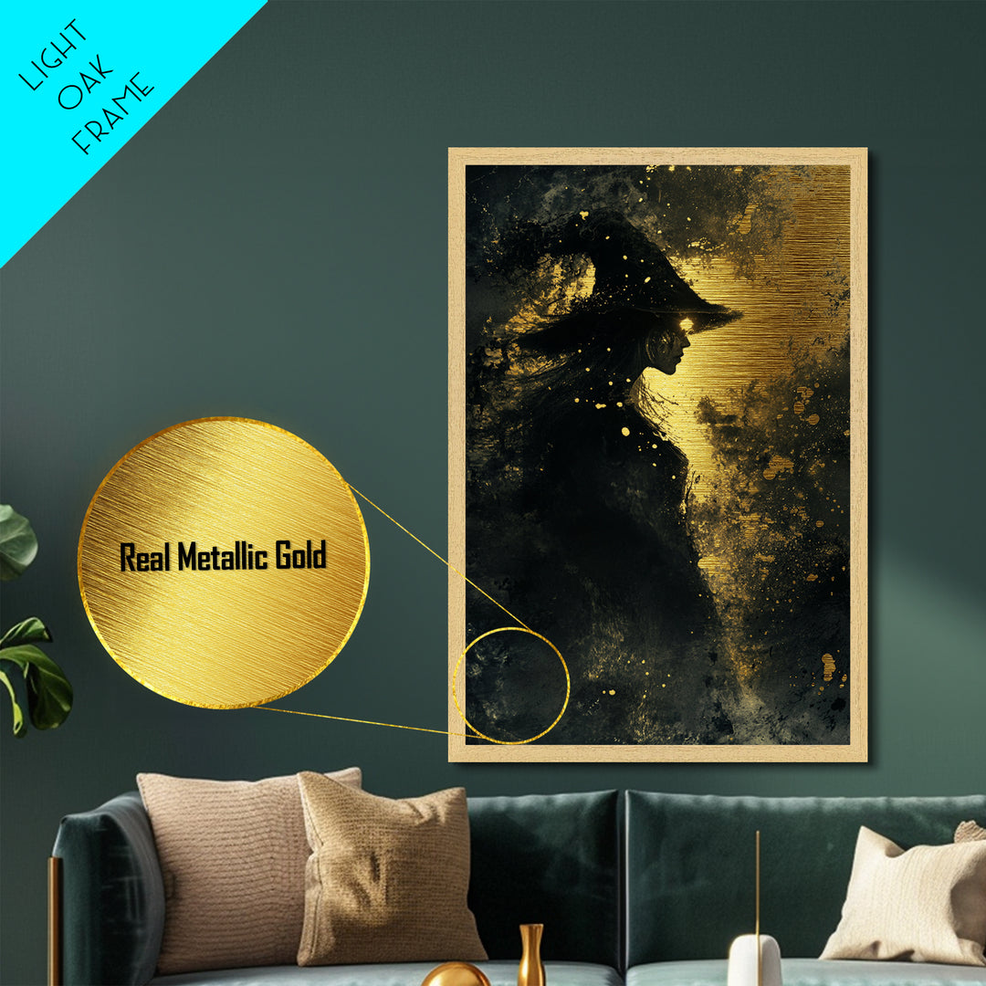 Witchy Halloween Metallic Gold Art Metal Art – Gothic Witch Silhouette in Natural Wood Frame, Spooky Season Wall Decor