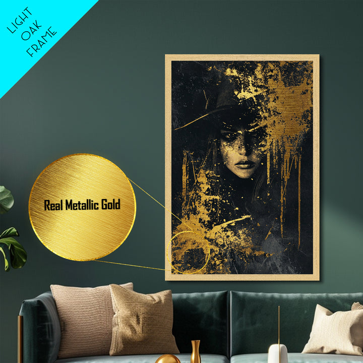 Haunted Sorceress Portrait Metallic Gold Art Metal Art – Spooky Gothic Halloween Wall Hanging in Real Wood Frame