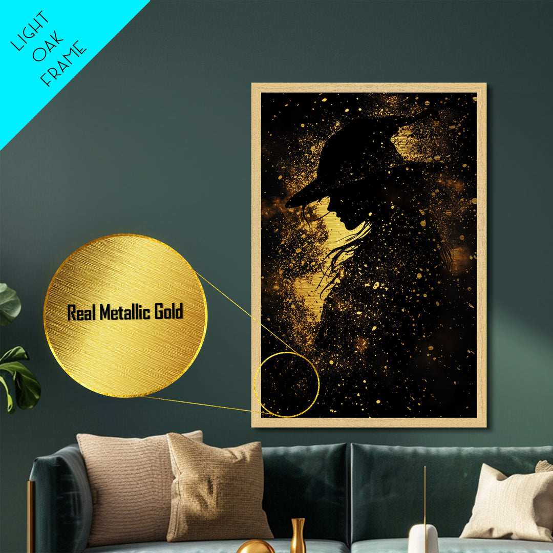 Creepy Witch Silhouette Metallic Gold Art Metal Art – Spooky Season Decor Framed in Rustic Real Wood, Halloween Wall Art