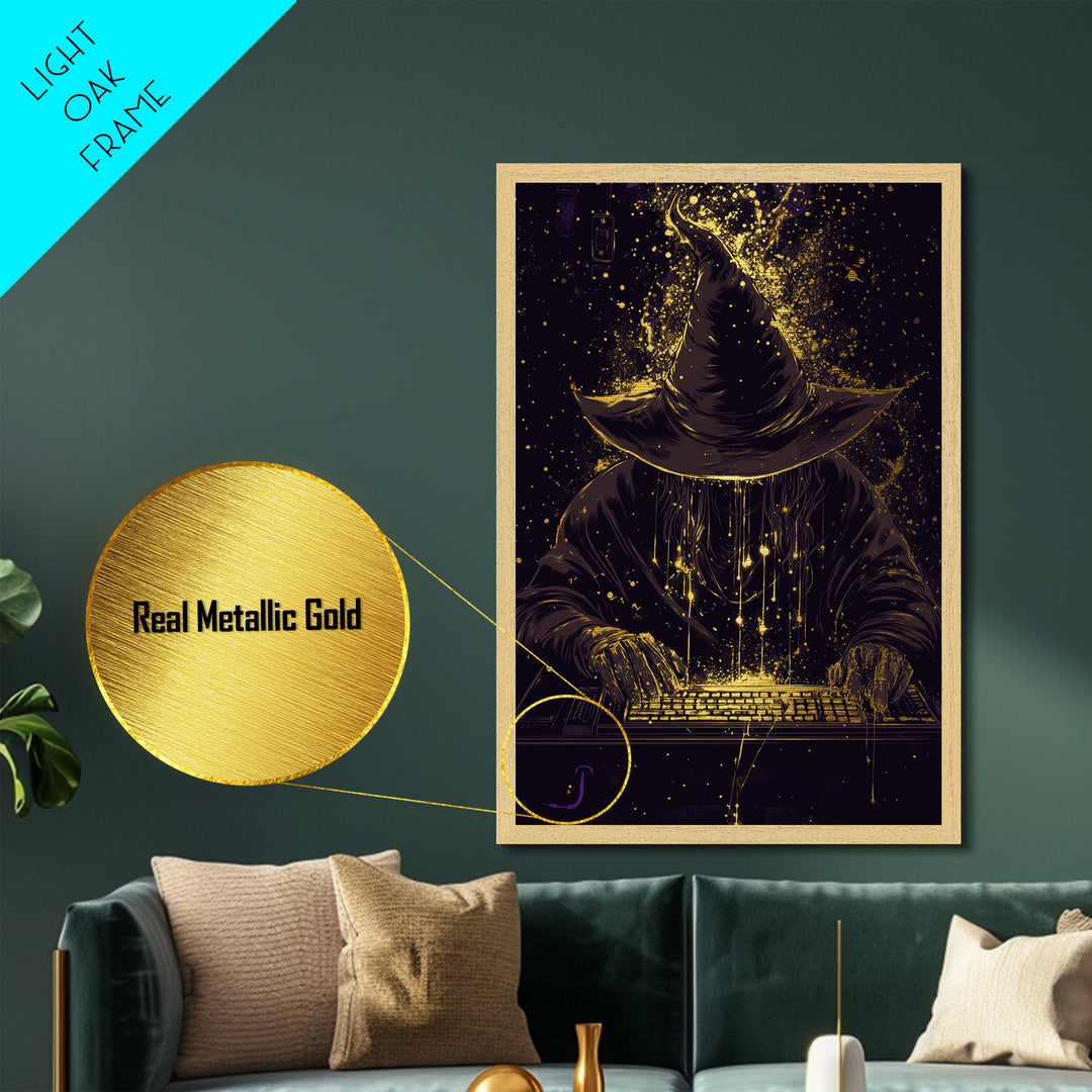 Dark Wizard Hacker Metallic Gold Art Metal Art – Spooky Tech Witch Wall Print with Real Wood Frame, Haunted Season Decor