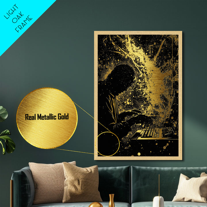 Cyber Spooky Hacker Metallic Gold Art Metal Art – Creepy Halloween Digital Sorcery Print in Real Wood Frame, Gothic Wall Art