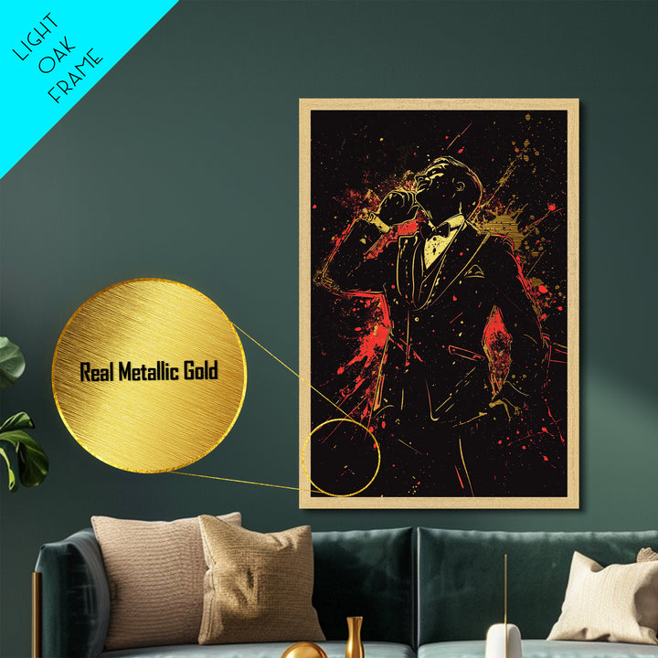 Gothic Vampire Gentleman Metallic Gold Art Metal Art – Haunted Horror Portrait in Real Wood Frame, Spooky Season Halloween Decor