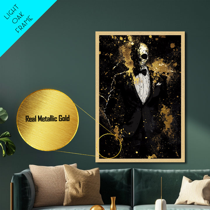 Skeleton Mask Gentleman Metallic Gold Art Metal Art – Creepy Halloween Wall Art in Natural Wood Frame, Haunted Gothic Home Decor