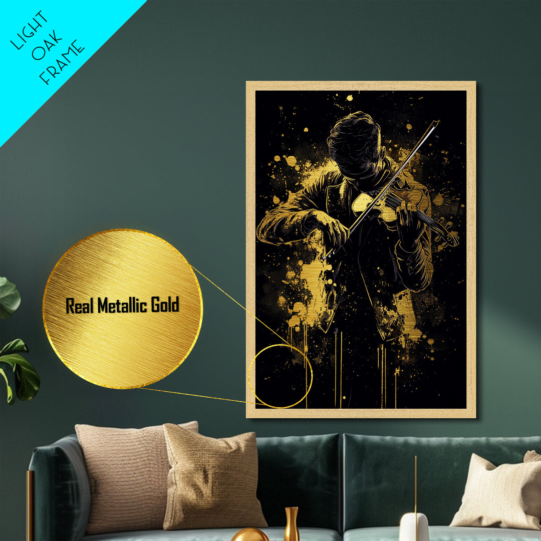Haunted Musician Metallic Gold Art Metal Art – Gothic Violinist Silhouette in Real Wood Frame, Spooky Season Halloween Wall Art