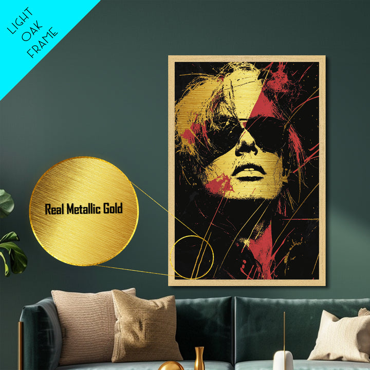 Spooky Glam Rocker Metallic Gold Art Metal Art – Gothic Punk Halloween Wall Print with Real Wood Frame, Creepy Haunted Decor