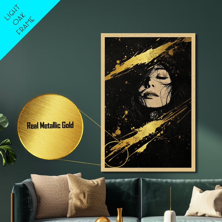 Gothic Metallic Gold Art Witchy Portrait | Spooky Season Metal Art | Haunted Wall Decor in Real Wood Frame for Halloween