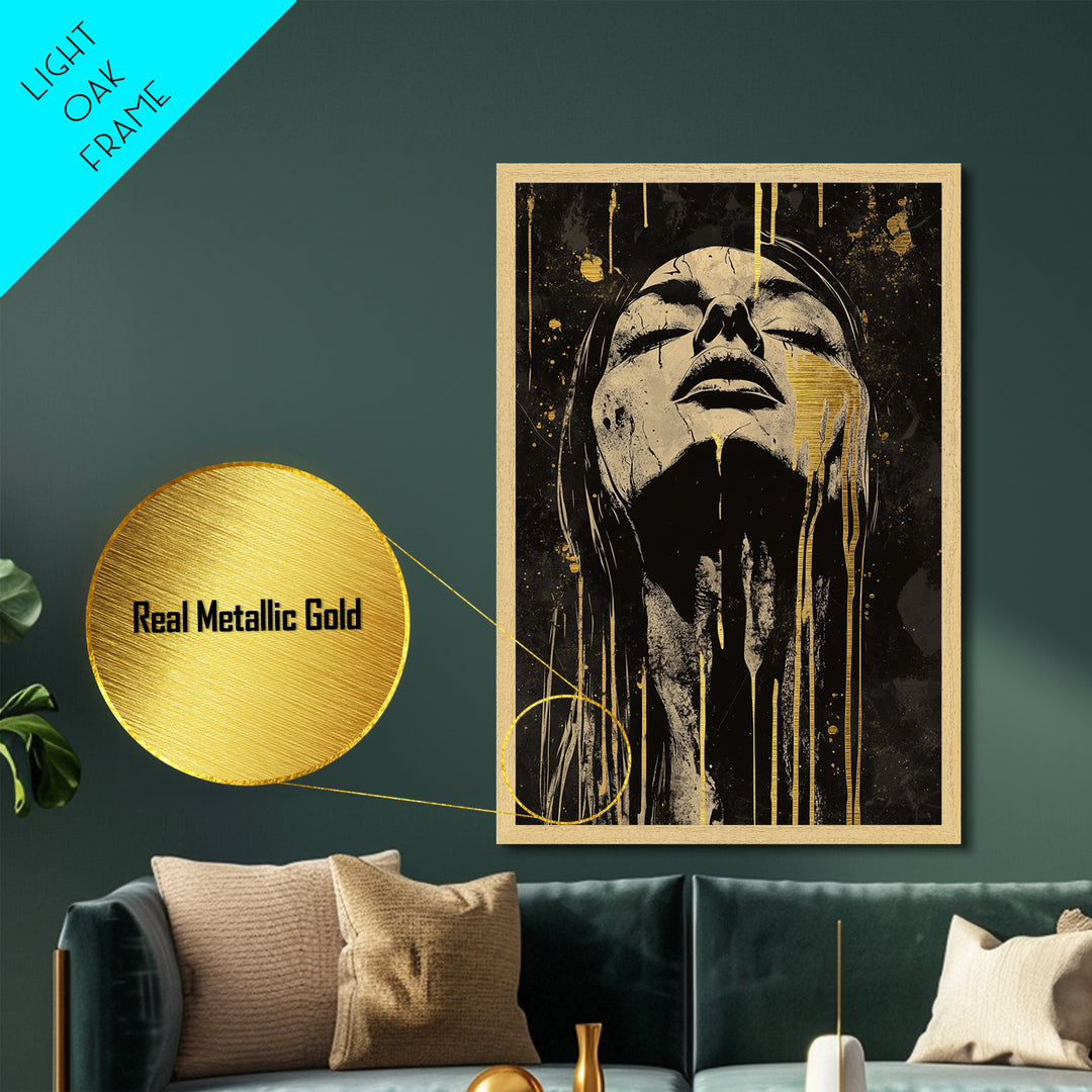Haunting Metallic Gold Art Creepy Face | Horror Inspired Metal Art | Spooky Gothic Wall Print with Real Wood Frame