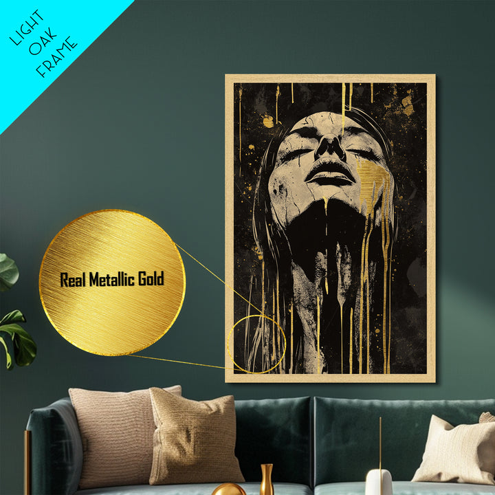 Haunting Metallic Gold Art Creepy Face | Horror Inspired Metal Art | Spooky Gothic Wall Print with Real Wood Frame