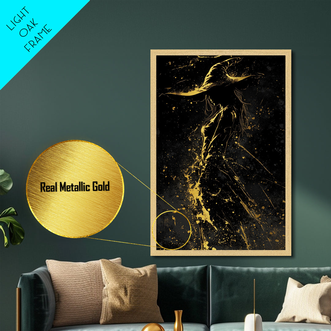 Metal Art Witch Portrait in Metallic Gold | Haunted Spooky Wall Print | Halloween Gothic Decor with Solid Wood Frame